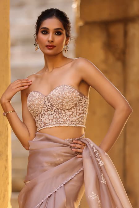 Buy_Label Niti Bothra_Brown Organza Embroidery, Pearls, Applique Sweetheart Neck Saree Set 