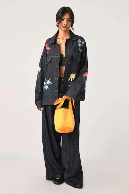 Payal Pratap_Blue Denim Applique Collared Tibetica Oversized Work Jacket _at_Aza_Fashions