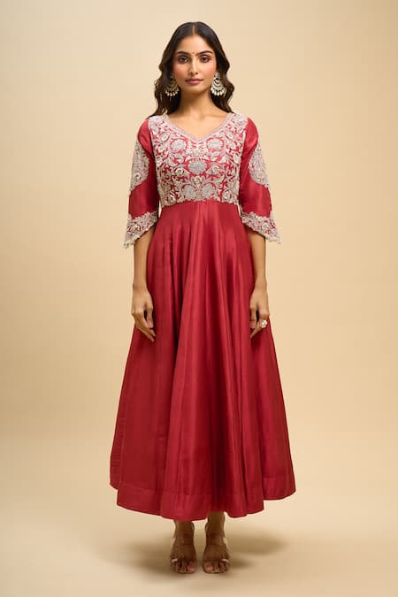Shop_Prisho_Maroon Embroidery Round Neck Floral Anarkali Set _Online_at_Aza_Fashions