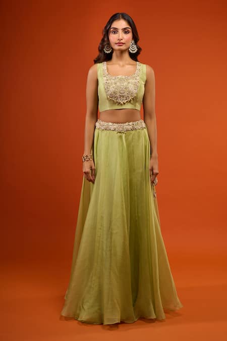 Buy_Prisho_Green Gota Patti Round Neck Work Cape Lehenga Set _Online_at_Aza_Fashions