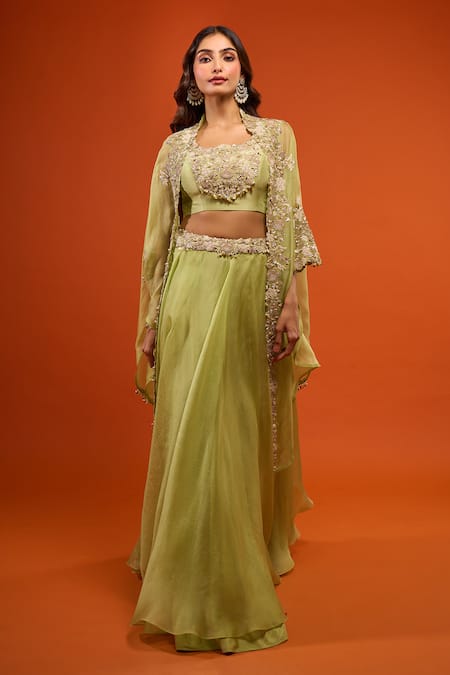 Prisho_Green Gota Patti Round Neck Work Cape Lehenga Set _at_Aza_Fashions