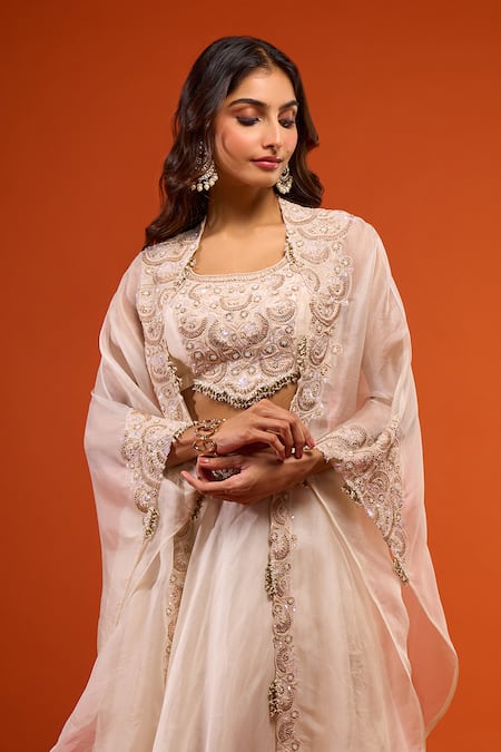 Shop_Prisho_Ivory Embroidery Round , Open Resham Work Jacket Lehenga Set _Online_at_Aza_Fashions