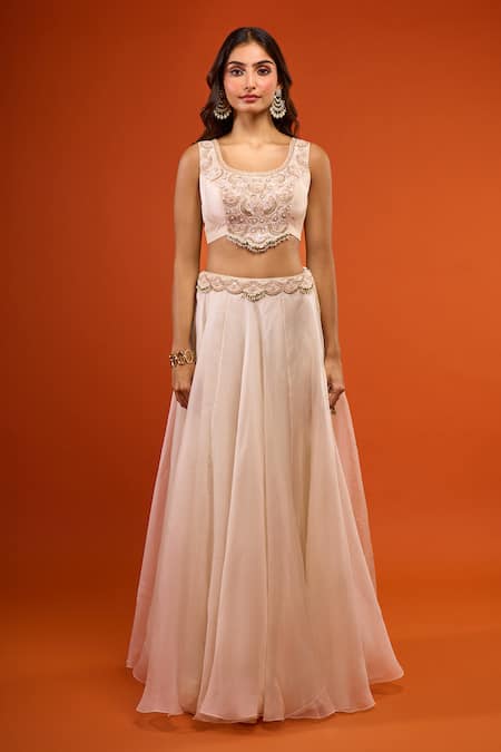 Prisho_Ivory Embroidery Round , Open Resham Work Jacket Lehenga Set _at_Aza_Fashions