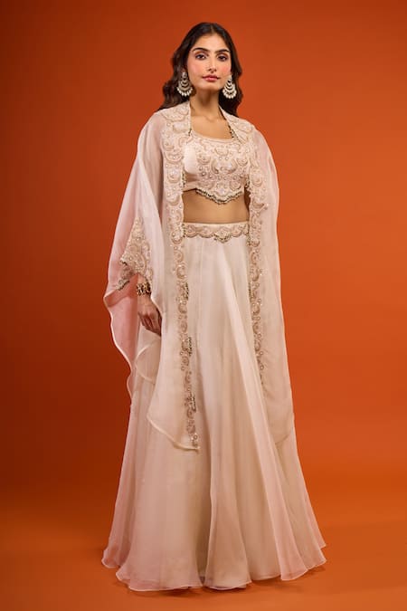 Buy_Prisho_Ivory Embroidery Round , Open Resham Work Jacket Lehenga Set 