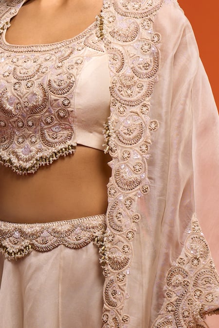 Shop_Prisho_Ivory Embroidery Round , Open Resham Work Jacket Lehenga Set 