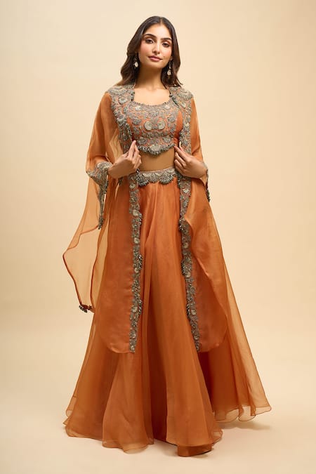 Buy_Prisho_Orange Embroidery Round , Shawl Resham Work Jacket Lehenga Set _Online_at_Aza_Fashions