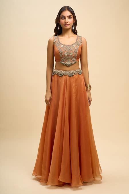 Shop_Prisho_Orange Embroidery Round , Shawl Resham Work Jacket Lehenga Set _Online_at_Aza_Fashions