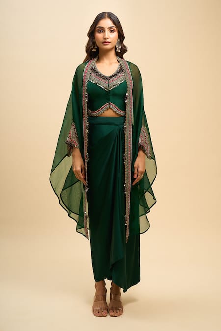 Shop_Prisho_Green Embroidery Sweetheart Neck Geometric Work Cape Skirt Set _Online_at_Aza_Fashions