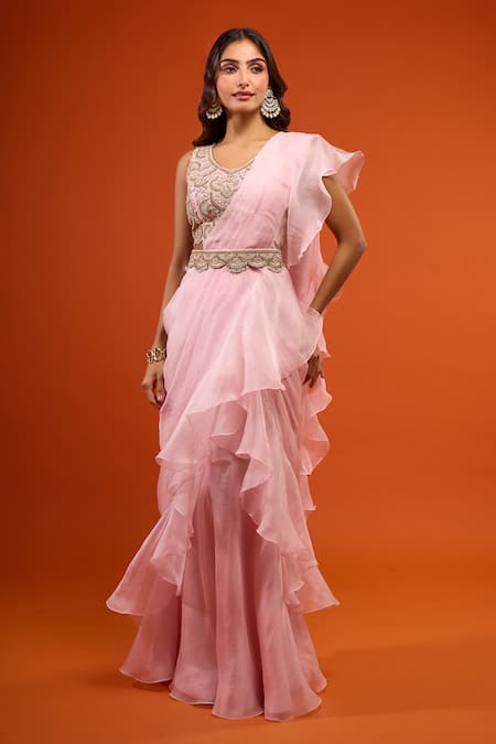 Prisho Pre-Draped Ruffle Saree Set 