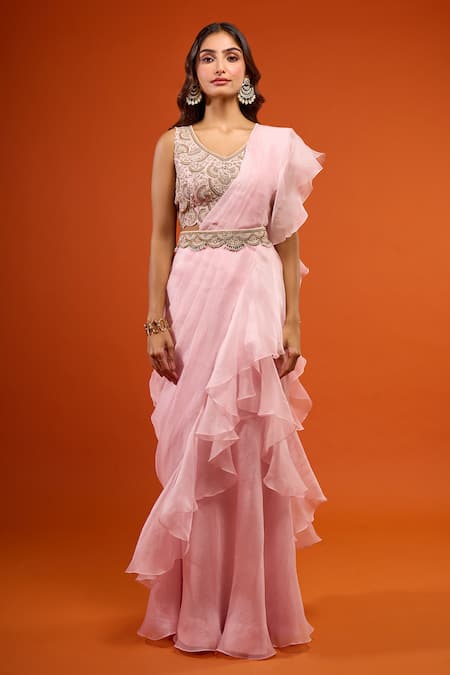 Shop_Prisho_Pink Ruffles, Embroidery V-neck Pre-draped Saree Set _Online_at_Aza_Fashions