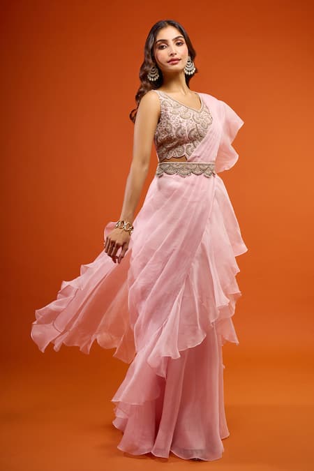 Buy_Prisho_Pink Ruffles, Embroidery V-neck Pre-draped Saree Set 