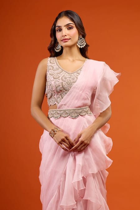 Shop_Prisho_Pink Ruffles, Embroidery V-neck Pre-draped Saree Set 