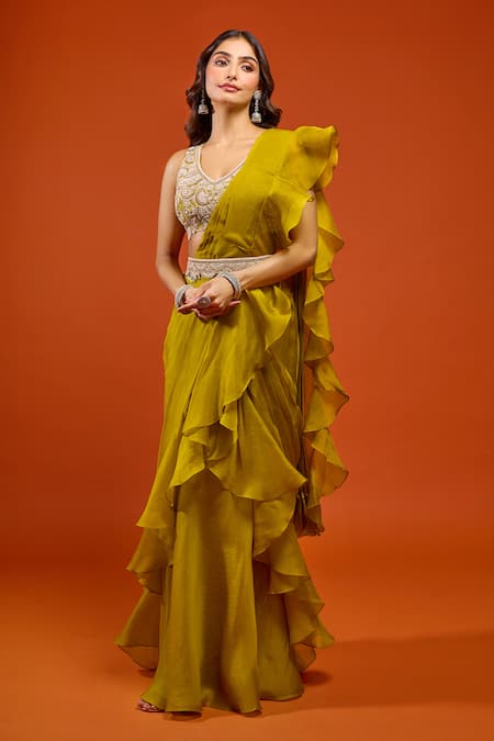 Prisho Pre-Draped Ruffle Saree Set 