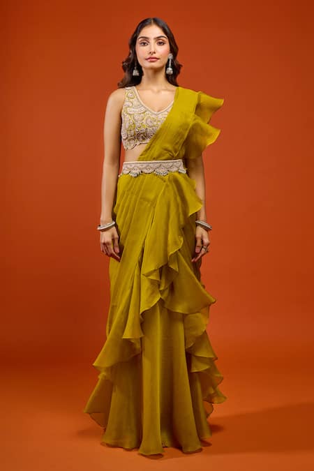 Shop_Prisho_Green Embroidery, Ruffles, Tassels V-neck Pre-draped Saree Set _Online_at_Aza_Fashions