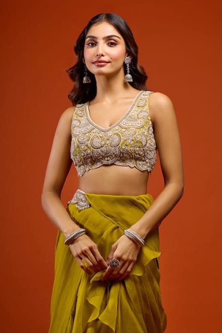 Prisho_Green Embroidery, Ruffles, Tassels V-neck Pre-draped Saree Set _at_Aza_Fashions