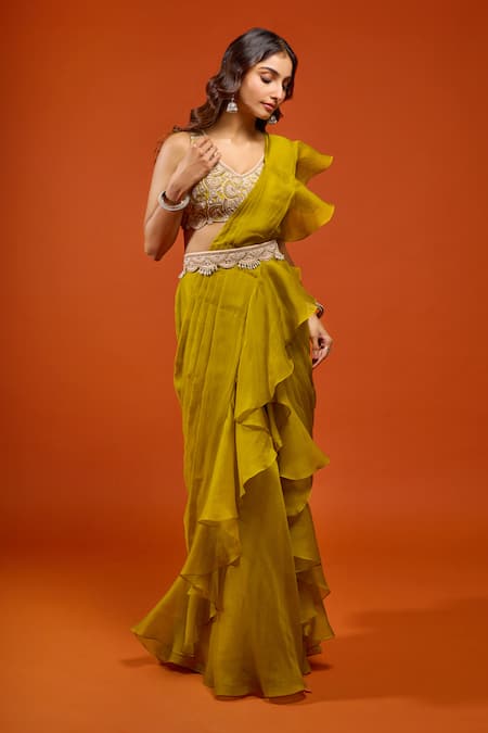 Shop_Prisho_Green Embroidery, Ruffles, Tassels V-neck Pre-draped Saree Set 