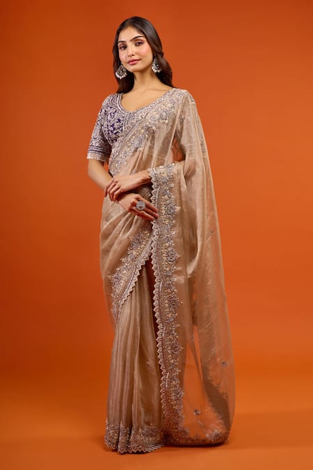 Prisho_Gold Embroidery, Pearls, Beads, Zari, Stones, Tassels Resham Work Saree Set _at_Aza_Fashions