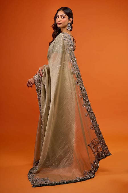 Buy_Prisho_Gold Sequins, Zari V-neck Resham Work Saree And Blouse Set 