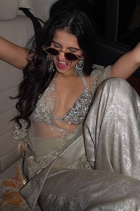 Buy_Dilnaz_Gold Net Embroidery, Sequins, Stones Halter Neck, Plunge Resham Border Kaftan 