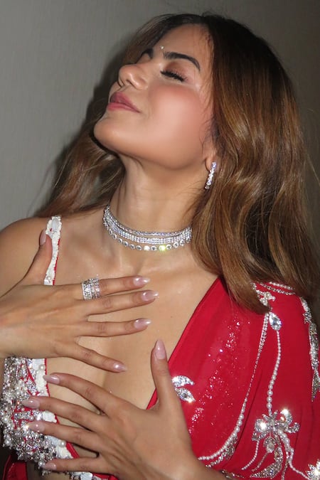 Buy_Dilnaz_Red Satin, Net, Polyester Beads, Stones, Crystals, Imitation Embellished Blouse 