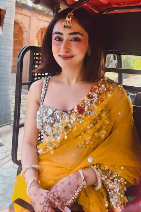 Shop Dilnaz Yellow Satin, Net, Polyester Sequins Embroidered Saree Online at Aza Fashions Shop_Dilnaz_Yellow Satin, Net, Polyester Sequins Embroidered Saree _Online_at_Aza_Fashions