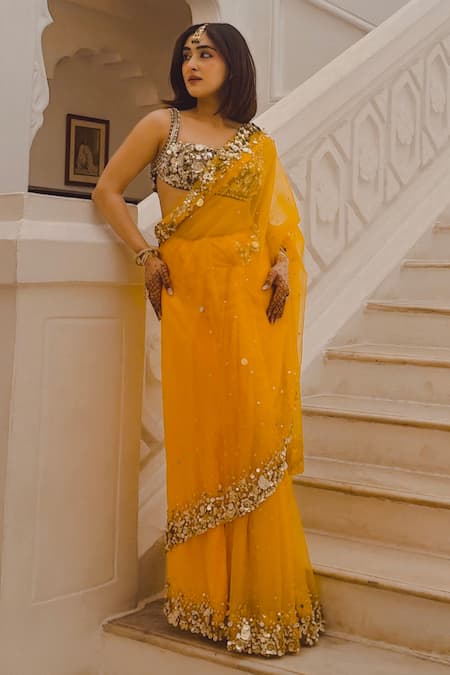 Dilnaz Yellow Satin, Net, Polyester Sequins Embroidered Saree at Aza Fashions Dilnaz_Yellow Satin, Net, Polyester Sequins Embroidered Saree _at_Aza_Fashions