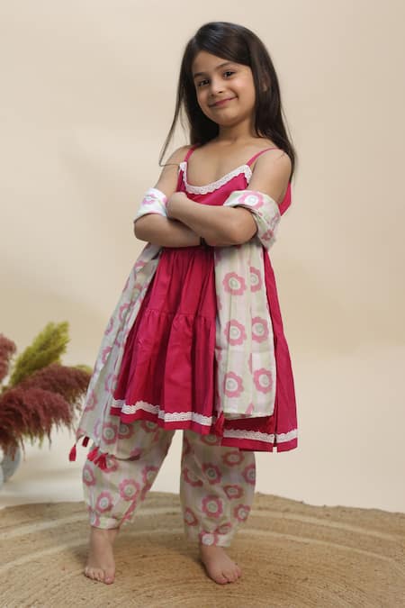 Shop_Kalp_Pink Cotton Lace, Tassels Rose Petal Bloom Kurta Set _Online_at_Aza_Fashions