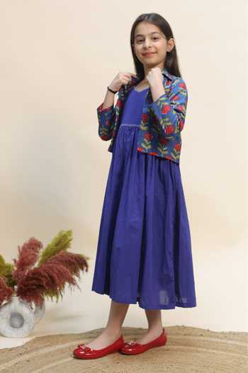 Buy Kalp Blue Cotton Zari Indigo Petal Sundress With Jacket Online at Aza Fashions Buy_Kalp_Blue Cotton Zari Indigo Petal Sundress With Jacket _Online_at_Aza_Fashions