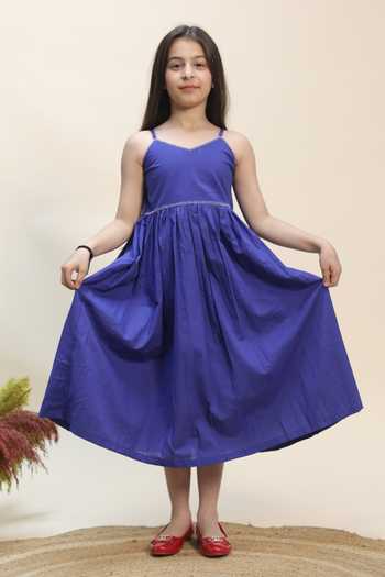 Shop Kalp Blue Cotton Zari Indigo Petal Sundress With Jacket Online at Aza Fashions Shop_Kalp_Blue Cotton Zari Indigo Petal Sundress With Jacket _Online_at_Aza_Fashions