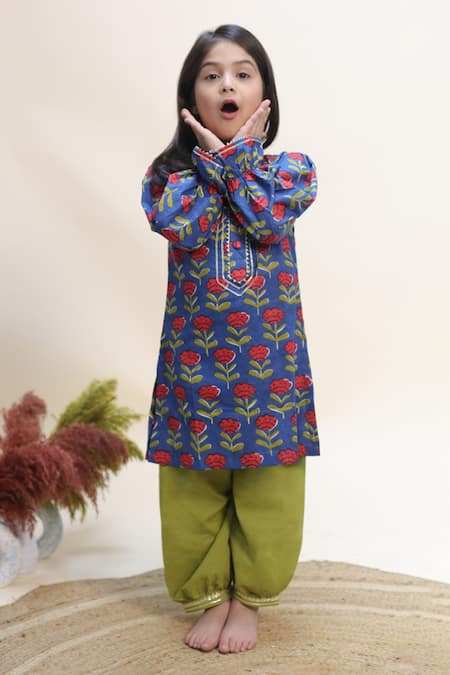Shop_Kalp_Blue Cotton Bloom And Billow Print Kurta Set _Online_at_Aza_Fashions