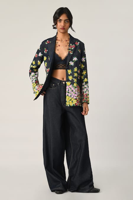 Payal Pratap_Blue Denim Embroidery Collared Sogdiana Jacket _at_Aza_Fashions