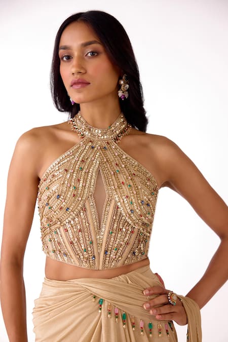 Shop Basanti Kapde aur Koffee Gold Silk, Lycra Sequins, Stones Halter Neck Pre-draped Saree And Work Blouse Set Online at Aza Fashions Shop_Basanti Kapde aur Koffee_Gold Silk, Lycra Sequins, Stones Halter Neck Pre-draped Saree And Work Blouse Set _Online_at_Aza_Fashions