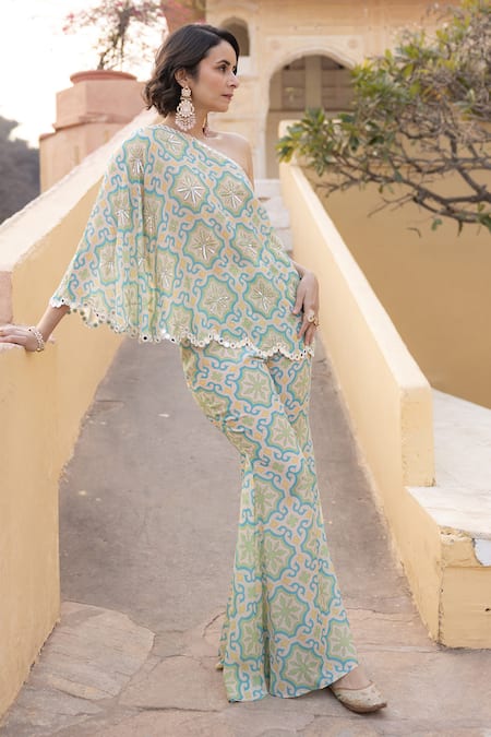 Sajeda A Lehry One Shoulder Embroidered Top & Sharara Set 