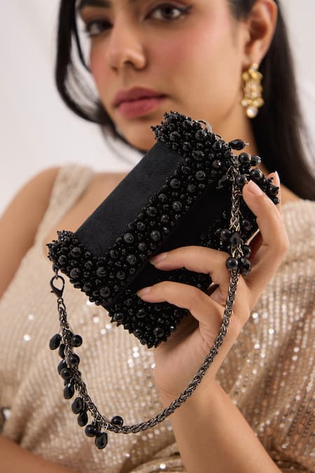 FOREVER NOOR_Black Beads, Pearls Aurel Mini Bag _Online_at_Aza_Fashions