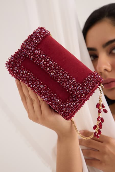 FOREVER NOOR_Red Beads, Crystals Aurel Medium Bag _Online_at_Aza_Fashions