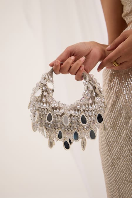 FOREVER NOOR_Silver Beads, Mirrors, Crystals Nano Boat Bag _Online_at_Aza_Fashions