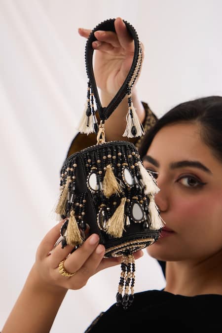 FOREVER NOOR_Black Beads, Pearls, Stones, Mirrors, Crystals, Noah Sienna Mini Bucket Bag _Online_at_Aza_Fashions