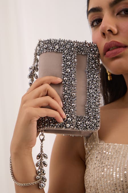 FOREVER NOOR_Grey Beads, Pearls, Stones, Crystals Aurel Medium Bag _Online_at_Aza_Fashions