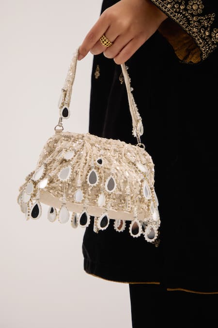 FOREVER NOOR_Ivory Sequins, Zari, Mirrors, Tassels Raya Bag _Online_at_Aza_Fashions