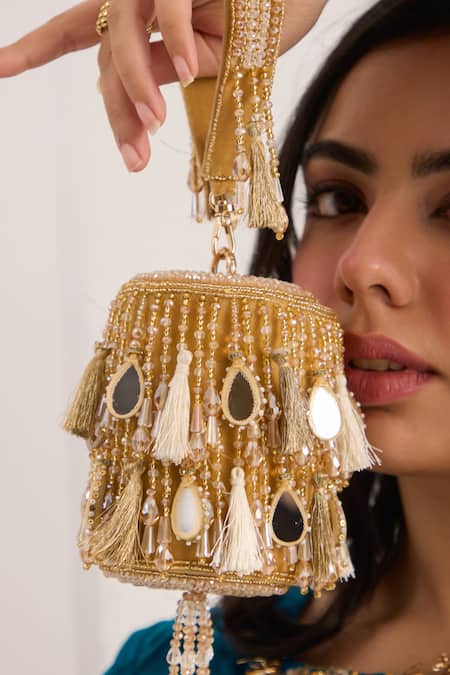 FOREVER NOOR Gold Beads, Pearls, Stones, Mirrors, Crystals, Noah Sienna Mini Bucket Bag Online at Aza Fashions FOREVER NOOR_Gold Beads, Pearls, Stones, Mirrors, Crystals, Noah Sienna Mini Bucket Bag _Online_at_Aza_Fashions