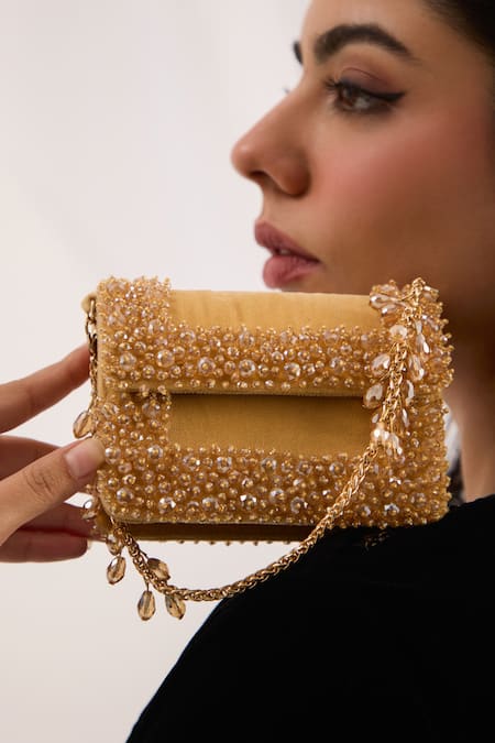 FOREVER NOOR Gold Beads, Pearls, Crystals, Rhinestones Aurel Mini Bag Online at Aza Fashions FOREVER NOOR_Gold Beads, Pearls, Crystals, Rhinestones Aurel Mini Bag _Online_at_Aza_Fashions