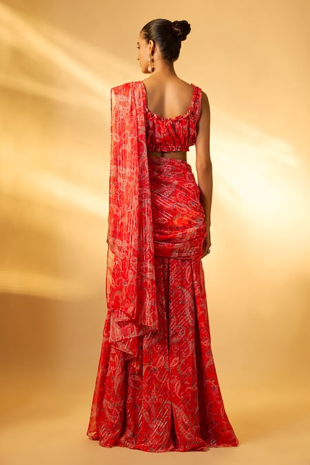Vana Ethnics Floral Print Pre-Draped Saree Set 