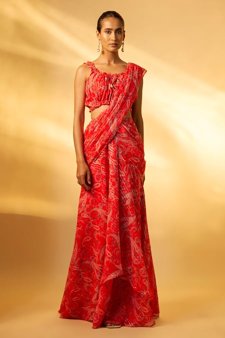 Vana Ethnics Floral Print Pre-Draped Saree Set 