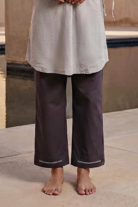 Anmol Kakad_Taupe Cotton V-neck, Collared, Yes Kurta Set _Online_at_Aza_Fashions