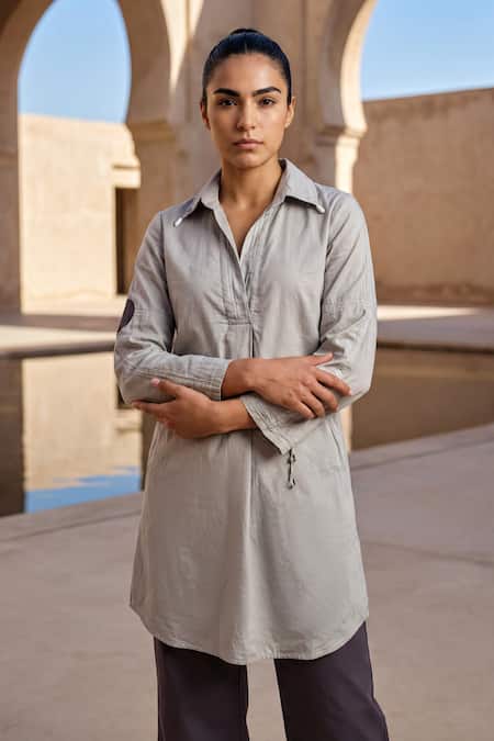 Buy_Anmol Kakad_Taupe Cotton V-neck, Collared, Yes Kurta Set _Online_at_Aza_Fashions