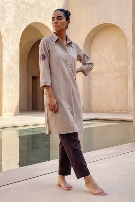 Shop_Anmol Kakad_Taupe Cotton V-neck, Collared, Yes Kurta Set _Online_at_Aza_Fashions