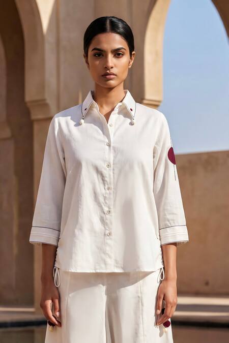 Anmol Kakad Cream Cotton, Muslin (mulmul) Button-down Contrast Patch Work Top And Pant Set Online at Aza Fashions Anmol Kakad_Cream Cotton, Muslin (mulmul) Button-down Contrast Patch Work Top And Pant Set _Online_at_Aza_Fashions