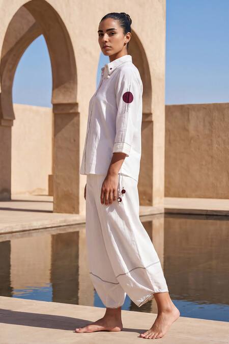 Buy Anmol Kakad Cream Cotton, Muslin (mulmul) Button-down Contrast Patch Work Top And Pant Set Buy_Anmol Kakad_Cream Cotton, Muslin (mulmul) Button-down Contrast Patch Work Top And Pant Set