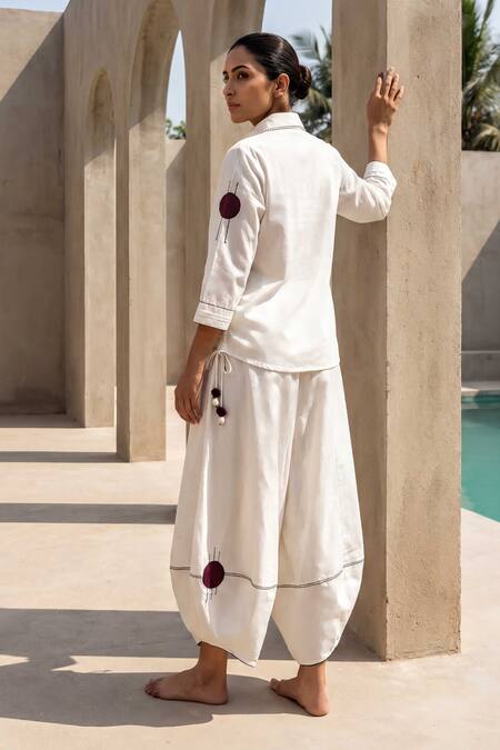 Shop Anmol Kakad Cream Cotton, Muslin (mulmul) Button-down Contrast Patch Work Top And Pant Set Shop_Anmol Kakad_Cream Cotton, Muslin (mulmul) Button-down Contrast Patch Work Top And Pant Set