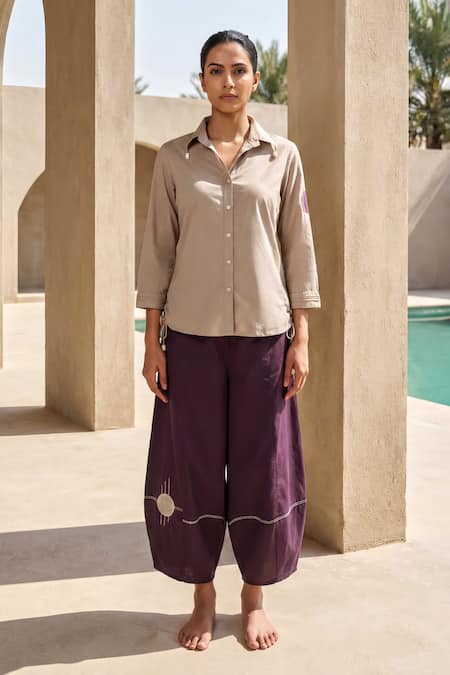 Shop_Anmol Kakad_Taupe Cotton, Muslin (mulmul) Embroidery Contrast Patch Work Shirt And Pant Set _Online_at_Aza_Fashions